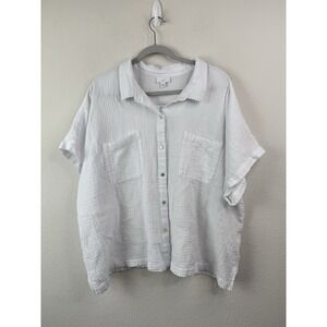 J Jill Womens 4X Cotton Gauze Camp Shirt Top White Short Sleeve Button Front NWT